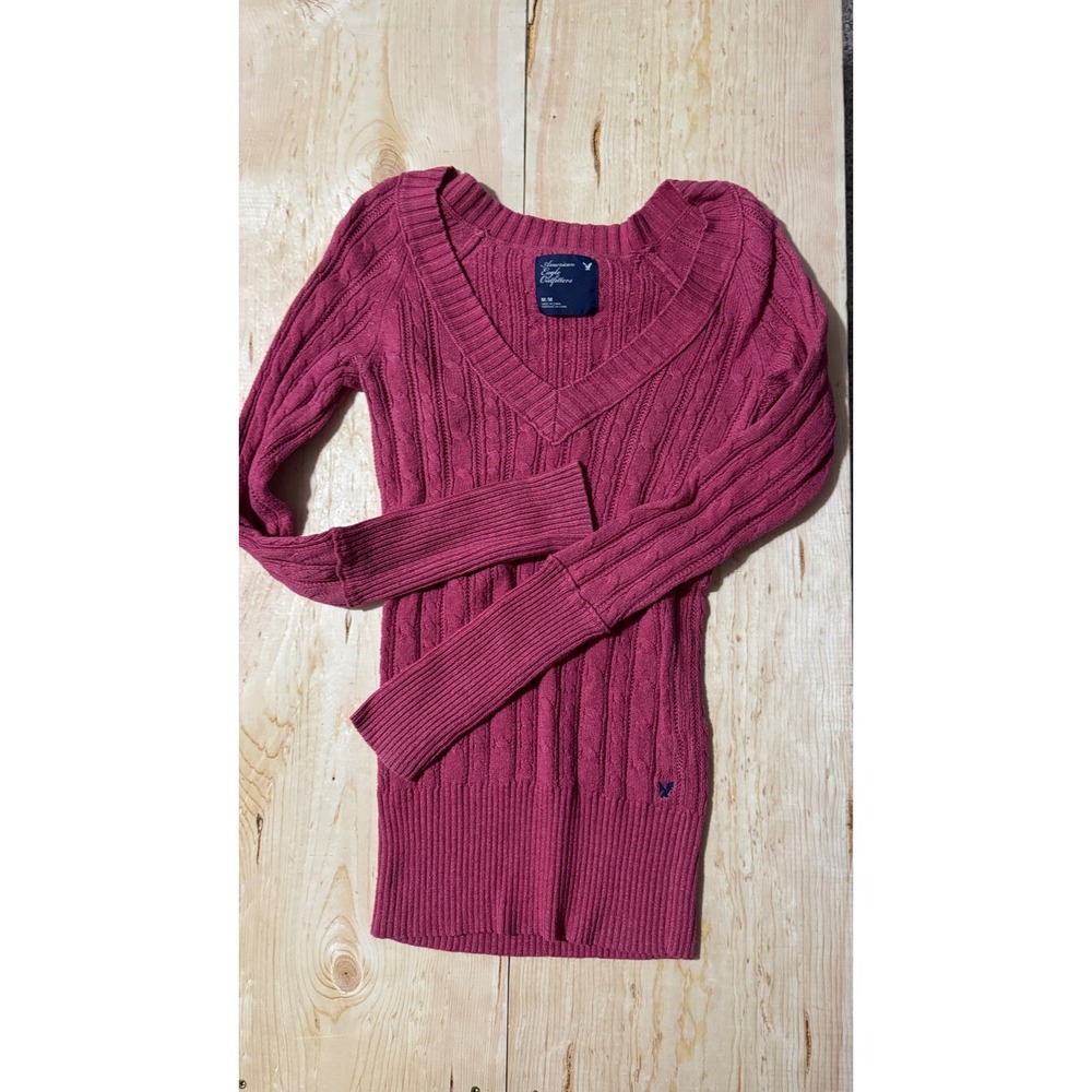 American Eagle‎ Pink Cable Knit V-Neck Sweater Medium Long Sleeve Slim Fit